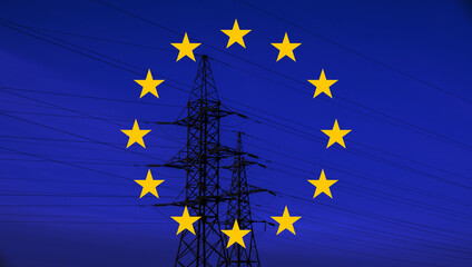 EU flag with electric tower and lines. Energy supply in Europe. European Union high electricity prices. - obrazy, fototapety, plakaty