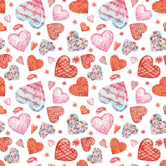 Watercolor romantic hearts with pattern and ornaments isolated on white.Red and pink and blue colored watercolor hearts seamless pattern.