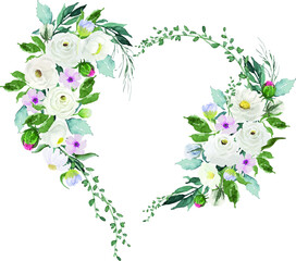 Valentine flowers with heart shape border vector watercolor drawing docoration item