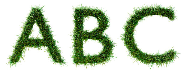 3d Rendering of grass alphabet ABC isolated on white background