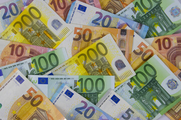 Flat lay of euro bills banknote for financial background