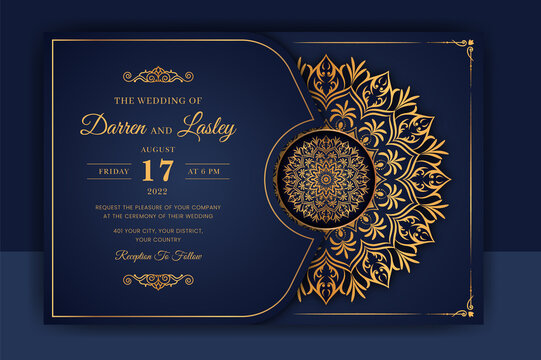 Luxury Mandala Wedding Invitation Card template with golden arabesque pattern Arabic Islamic east background style. Editable vector file. Decorative mandala for print, poster, cover, flyer, banner. 