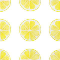 Slices of yellow lemon watercolor seamless pattern. Hand drawn illustration of ripe citrus. Summer fresh background. For textiles and packaging paper. Bright funny wallpapers