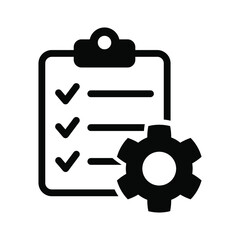 Clipboard with gear isolated icon. Technical support check list icon. Management flat icon concept. Software development.