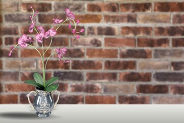 Beautiful vase with flowers against a wall on the desk