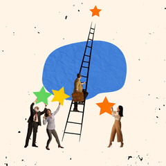 Creative design. Contemporary art collage of businessman climbing up the ladder to the star