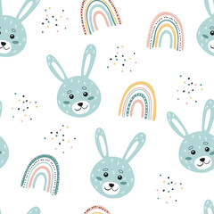 Obraz premium Hares and rainbows. Seamless pattern. Cute baby print. Vector illustration