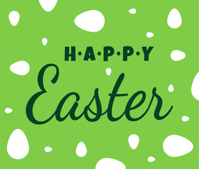 Easter card with the inscription "Happy Easter". White eggs on a festive green background. Egg hunting.