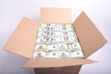 Cardboard packing box full of dollar bills on a white background