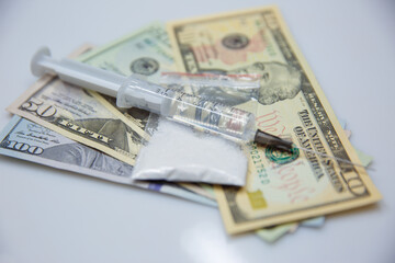The drug for the dose of drugs in a syringe against the background of doller. Drugs are against the law