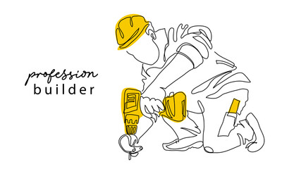 Builder man holding yellow drill and wearing helmet. One continuous line art drawing vector sketch of builder - obrazy, fototapety, plakaty