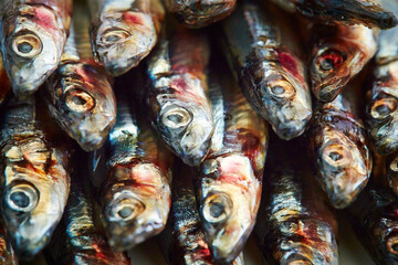 Close-up of raw anchovies on a plate