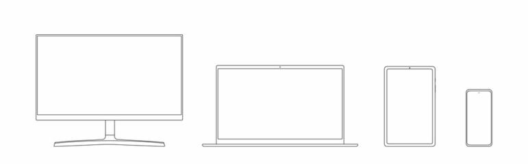Realistic mockups devices on an isolated background. Vector set of phone, tablet, laptop and computer. Vector illustration.