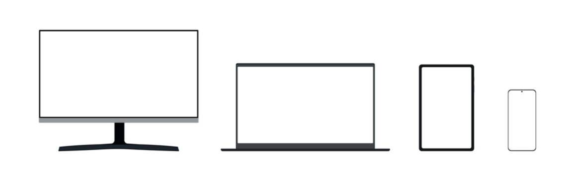 Realistic mockups devices on an isolated background. Vector set of phone, tablet, laptop and computer. Vector illustration.