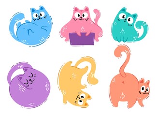 A set of cute cartoon multi-colored cats. Blue, orange, yellow, purple, pink and green. Funny cats sitting, lying down, playing, sleeping. Happy pet. Vector illustration isolated on white background.