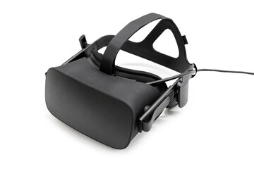 VR virtual reality headset half turned isolated on white background. Gaming future device, virtual reality glasses. © Magryt