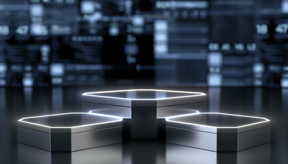 Futuristic empty Stage For Product Presentation. Podium Or Pedestal with neon lights product stage. Future concept background. 3D Rendering.