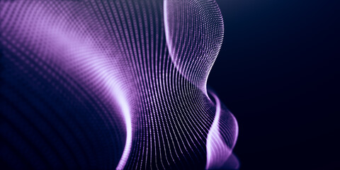 Abstract colorful digital particles wave with bokeh and light background, 3d render wave line dot background, line wave light glowing effect particular background.