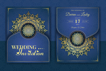 Luxury Mandala Wedding Invitation Card template with golden arabesque pattern Arabic Islamic east background style. Editable vector file. Decorative mandala for print, poster, cover, flyer, banner. 