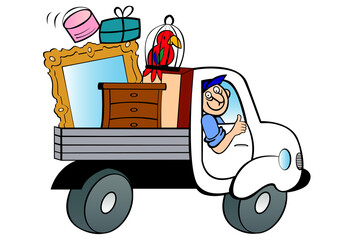 Comic Karikatur Umzug mit Transporter und Möbeln