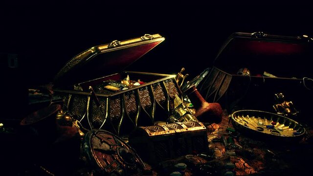 treasures in a dark cave with coins diamonds and gold