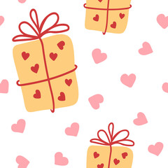 Seamless pattern has gift boxes and many little hearts. Valentine's Day.