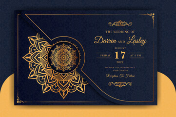 Luxury Mandala Wedding Invitation Card template with golden arabesque pattern Arabic Islamic east background style. Editable vector file. Decorative mandala for print, poster, cover, flyer, banner. 