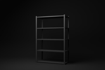 Black metal rack storage. Retail shelf rack on black background. minimal concept idea. monochrome. 3d render.
