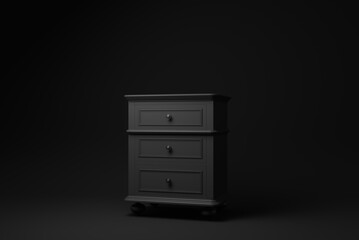 Elegant black Chest of drawers on black background. minimal concept idea. monochrome. 3d render.