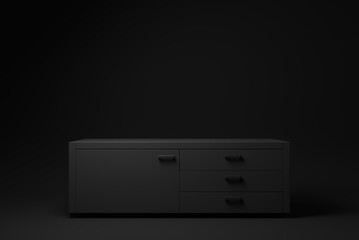 Black sideboard. Shelf tv on black background. minimal concept idea. monochrome. 3d render. - 481417707