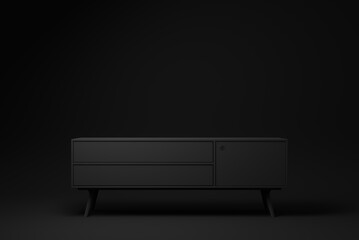 Black sideboard. Shelf tv on black background. minimal concept idea. monochrome. 3d render. - 481417712
