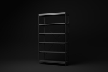 Black metal rack storage. Retail shelf rack on black background. minimal concept idea. monochrome. 3d render.