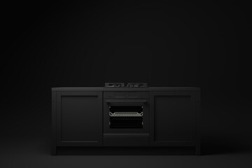 Black cabinets close-up, kitchen interior with modern furniture on black background. minimal concept idea. 3d render.