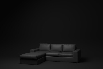 Black modern sofa-bed on Black background. minimal concept idea. monochrome. render render.