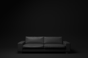 Black modern sofa on Black background. minimal concept idea. monochrome. render render.