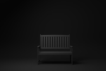 Black wooden park bench floating on Black background. minimal concept idea. monochrome. render render.