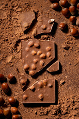 Dark chocolate background by hazelnut chocolate pieces, whole raw filberts and cocoa powder