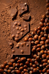 Dark chocolate background by hazelnut chocolate pieces, whole raw filberts and cocoa powder
