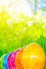 Six colorful Easter Eggs in all shades of the rainbow on a green spring season background, copy...