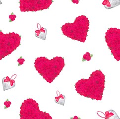 Seamless pattern with watercolor hearts. Romantic love hand drawn backgrounds texture. For greeting cards, wedding, Valentines Day.