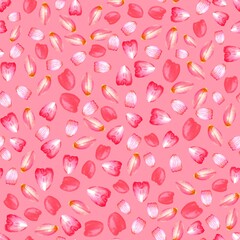 Seamless pattern with red petals on a pink background. For greeting cards, weddings, Valentine's Day.