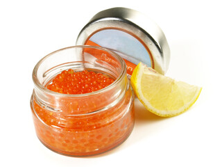 Salmon Caviar in a Glass with Lemaon isolated on white Background