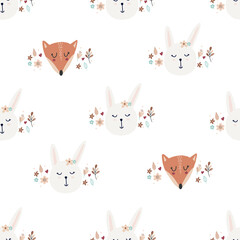 Fox and bunny face seamless pattern illustration on whitebackground