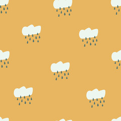 Cute hand-drawn rainy clouds on yellow seamless pattern