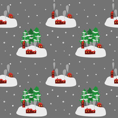 Small villages. At home in the snow. Vector seamless winter pattern. Snow on the background. Illustration in flat style.