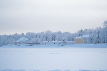 Winter forest and house on the shore of a frozen lake of the sea