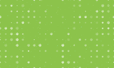 Seamless background pattern of evenly spaced white coral symbols of different sizes and opacity. Vector illustration on light green background with stars