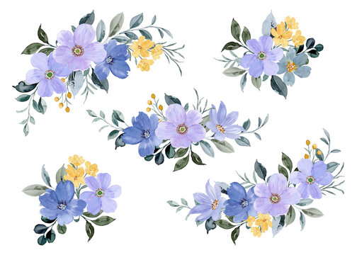 Watercolor yellow purple floral bouquet collection
