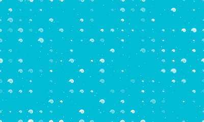 Seamless background pattern of evenly spaced white marine nautilus symbols of different sizes and opacity. Vector illustration on cyan background with stars