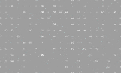 Seamless background pattern of evenly spaced white 6G symbols of different sizes and opacity. Vector illustration on gray background with stars